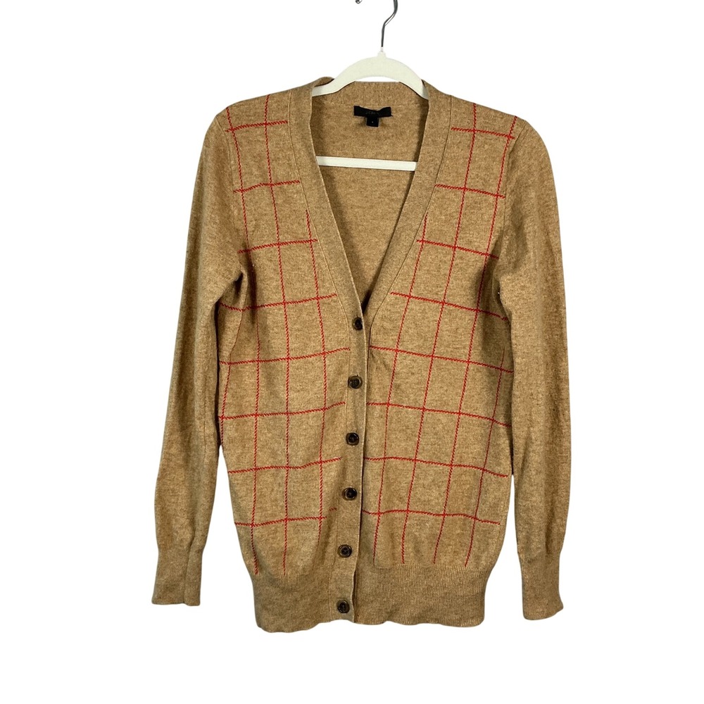 J.Crew Womens Tan Red Windowpane Grid V-Neck Button Front Cardigan Sweater S
